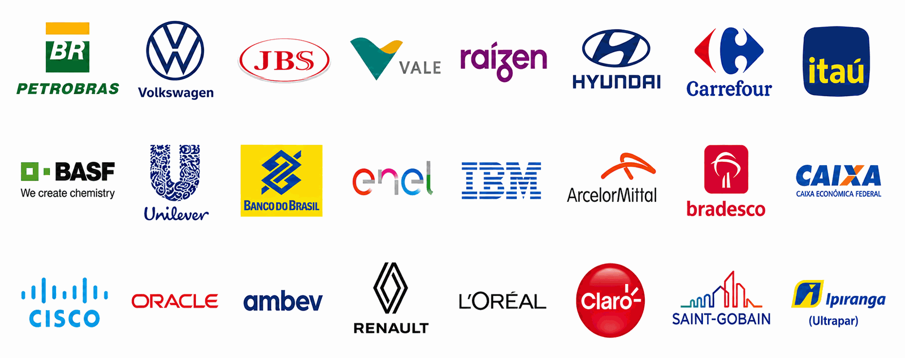 Petrobras, Volkswagen, JBS, Vale, Raízen, Hyundai, Carrefour, Itaú, BASF, Unilever, Banco do Brasil, Enel, IBM, ArcelorMittal, Bradesco, Caixa, Cisco, Oracle, Ambev, Renault, L'Oréal, Claro, Saint-Gobain, and Ipiranga
